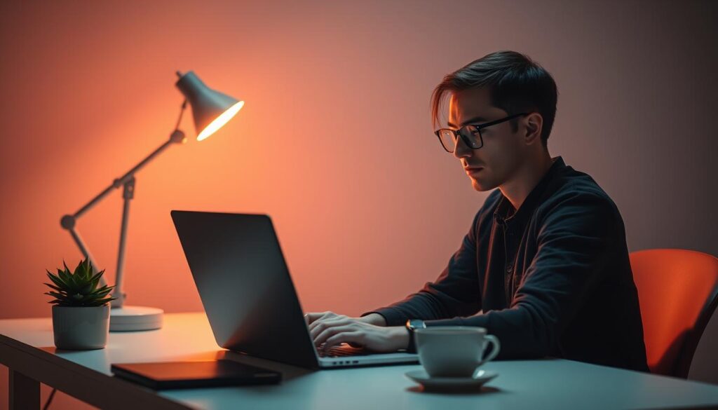 A focused individual sits at a minimalist desk, intently working on a laptop while a digital timer ticks down the Pomodoro technique's characteristic 25-minute intervals. The scene is bathed in warm, diffused lighting, creating a serene, productive atmosphere. The desk is adorned with a succulent plant and a cup of coffee, hinting at the balanced, intentional approach to work. The background is blurred, directing attention to the central figure and their task at hand. The overall composition conveys the adaptive, customizable nature of the Pomodoro method, allowing the user to tailor it to their unique needs and environment.