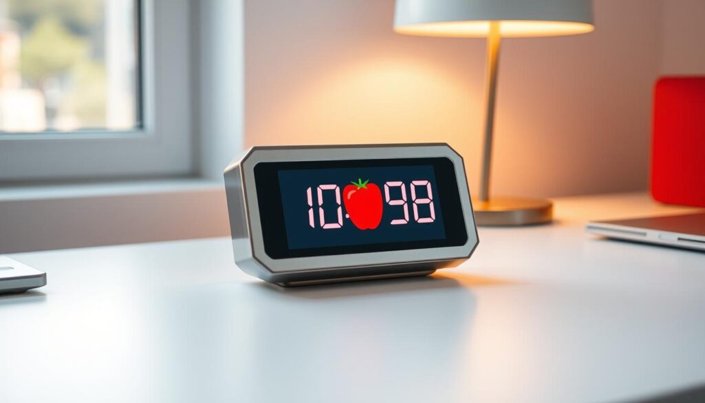 A sleek, modern digital timer on a minimalist white desk, with a bright red pomodoro tomato icon prominently displayed on the screen. Soft, diffused lighting from a window or lamp casts a warm glow, highlighting the timer's clean, geometric design. The frame is made of polished metal, perhaps brushed silver or gold, exuding a sense of precision and focus. The background is subtly blurred, keeping the timer as the central, attention-grabbing element. The overall mood is one of calm concentration, reflecting the Pomodoro Technique's principles of structured work intervals and mindful breaks.