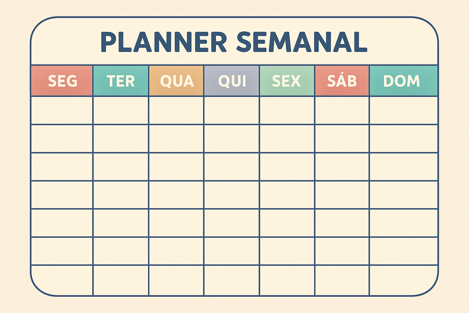Planner semanal em grade 7×6, cabeçalhos coloridos de SEG a DOM, pronto para preencher seus blocos de tempo
