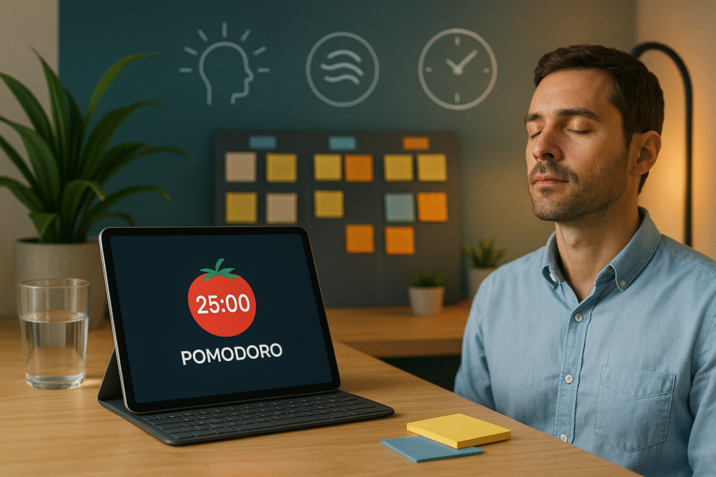 Homem praticando respiração consciente com olhos fechados, em ambiente minimalista com cronômetro ao fundo, representando a Técnica Pomodoro 2.0.
