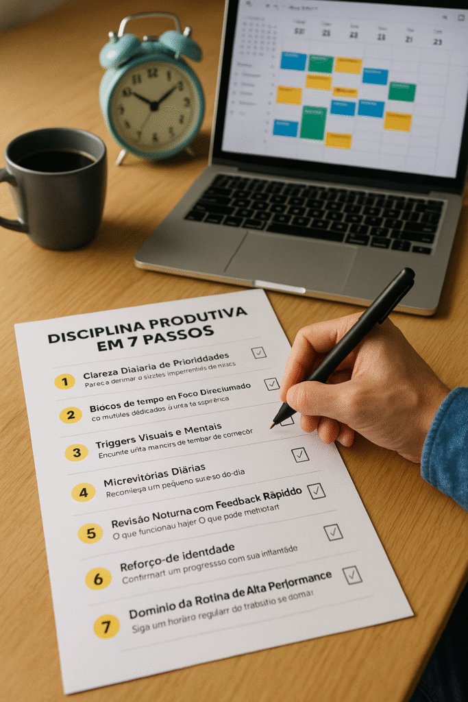 Descubra o método em 7 passos para manter disciplina produtiva, criar hábitos diários e alcançar resultados reais com foco, constância e clareza