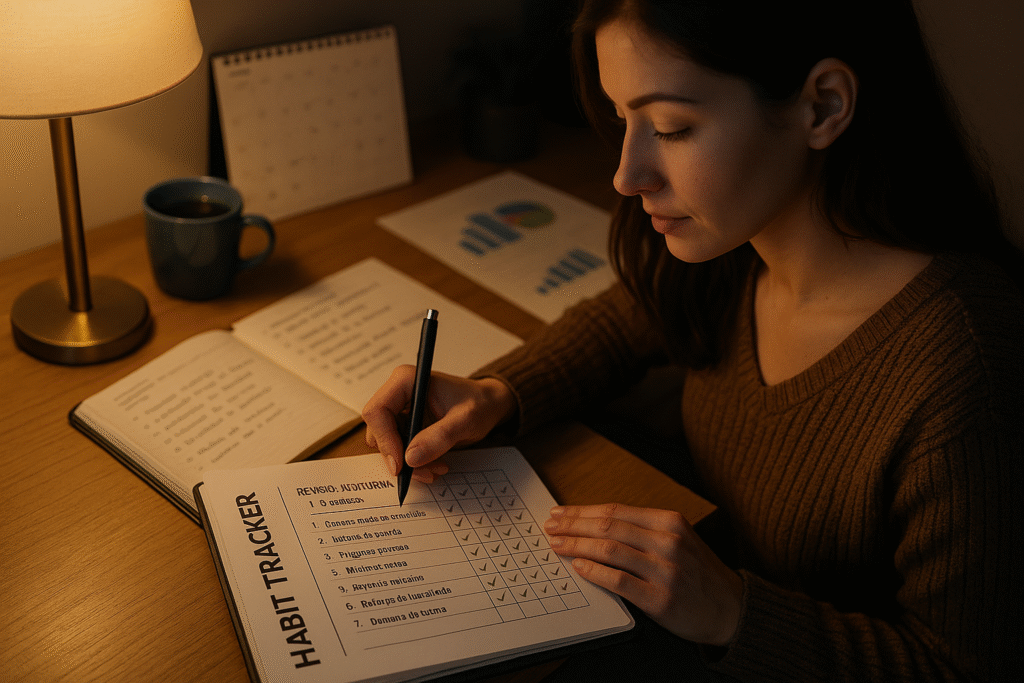 Mulher revisando checklist noturno de disciplina produtiva em ambiente calmo e iluminado por abajur